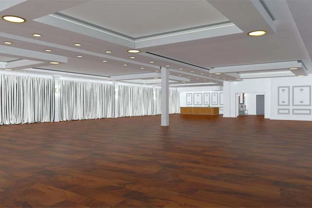 Render interior de un salón preparado para planificación